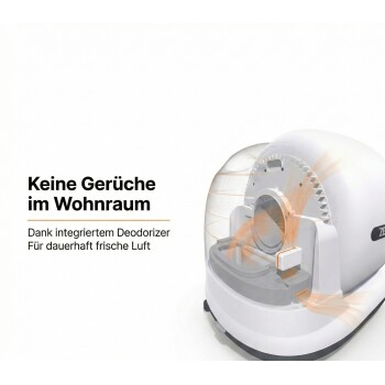 Weiße geschlossene automatische Katzentoilette mit Visualisierung des Luftstroms; deutscher Text: 'Keine Gerüche im Wohnraum'.