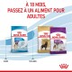Image de sacs de nourriture pour chiens Royal Canin : Junior pour grandes races, Adult Rottweiler et Giant Adult. Texte : "À 18 mois, passez à la nourriture pour adultes."
