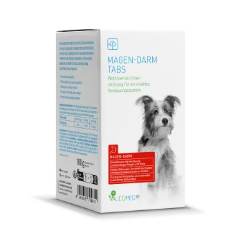 Schachtel mit Magen-Darm-Tabletten für Hunde, mit einem Hund auf der Vorderseite, mit Text, der die Verdauungsunterstützung und probiotische Vorteile hervorhebt.