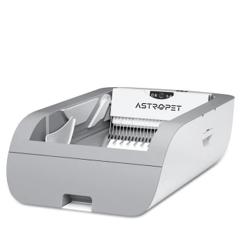 Eine moderne, automatisierte Katzenstreu-Box in Grau und Weiß, mit dem Markennamen "ASTROPET" auf der Vorderseite und einem Bedienfeld oben.