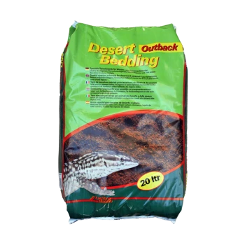 Sac de 'Desert Bedding' pour reptiles, avec un graphique de lézard, capacité de 20 litres et description du produit multilingue.