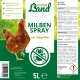 Etikett für Hühner Land Milben Spray, mit einem braunen Huhn auf grünem Hintergrund, mit Gebrauchsanweisungen und Sicherheitswarnungen. 5L Behälter.