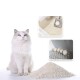 Eine flauschige weiße Katze sitzt neben einem Haufen Katzenstreu, mit Bildern, die Streuhaufen und eine Katzentoilettenschaufel im Hintergrund zeigen.