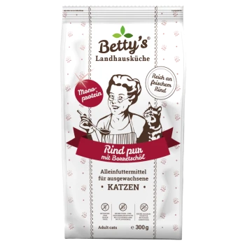 Betty's Landhausküche Katzenfutter-Tüte, 'Rind pur' Rind-Formel, Monoprotein, 'Reich an frischem Rind', 300 g, für erwachsene Katzen.