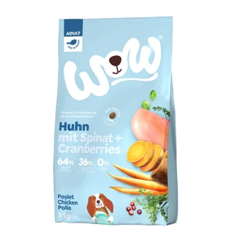 Torba z jedzeniem dla psów oznaczona 'WOW', zawierająca kurczaka, szpinak i żurawiny, z 64% mięsa, 36% warzyw i 0% zbóż.