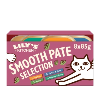 Lily's Kitchen Smooth Pate Selection for cats, featuring 8 cans (85g each) with flavors: 2x Chicken, 2x Turkey & Duck, 2x Lamb, 2x Chicken & Game.