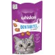 Whiskas Dentabites chicken treats, 50g, featuring a gray cat, with no artificial flavors and enriched with vitamins and Omega blend.