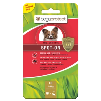 Verpackung für bogaprotect Spot-On für Hunde, mit einem Shetland Sheepdog und Hervorhebung des Zecken-/Flohschutzes sowie der Dosierung für XS-Hunde.