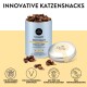 Verpackung für Katzenleckerlis mit "Puja Cat Vitality Body Treats" für ein starkes Immunsystem, mit Fisch- und Hühnergeschmack.