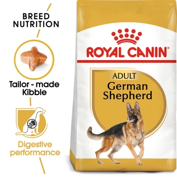 German Shepherd Adult 11 kg Royal Canin Adult German Shepherd dog food bag featuring a German Shepherd image, with text highlighting breed nutrition and digestive performance.