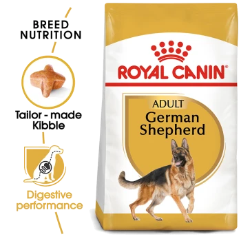 Royal Canin Adult German Shepherd dog food bag featuring a German Shepherd image, with text highlighting breed nutrition and digestive performance.