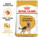 Royal Canin Adult German Shepherd dog food bag featuring a German Shepherd image, with text highlighting breed nutrition and digestive performance.