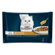 Purina Gourmet Katzenfutterverpackung zeigt eine weiße Katze, einen Teller mit Nassfutter in Sauce und einen Löffel. Text: "Genuss in Sauce" und "Régal de Sauces."