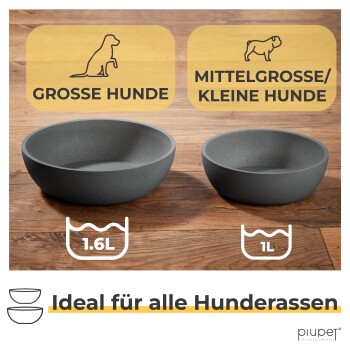 Zwei Haustierschalen auf einer Holzoberfläche, beschriftet für große Hunde (1,6L) und mittelkleine Hunde (1L), mit dem Text 'Ideal für alle Hunderassen.'