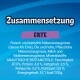 Blaues Tierfutter-Etikett mit Überschrift 'Zusammensetzung', hervorgehobener Angabe 'ENTE' sowie deutschen Zutaten- und analytischen Nährwertangaben.