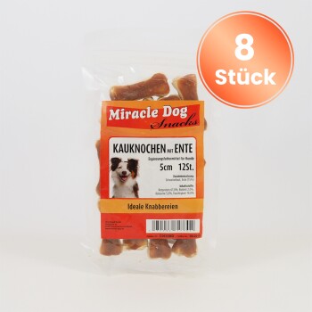Packung Miracle Dog Snacks Kau-Knochen mit Ente, 5 cm, 12 Stück, ideale Hundeleckerlis, mit "8 Stück"-Etikett.
