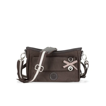 Braune Haustiertragetasche mit einem gestreiften Schultergurt, Fronttasche und einem dekorativen Bogen und Glockenanhänger.