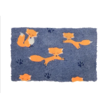 Rectangular blue fluffy pet mat with orange fox designs and dark blue paw prints