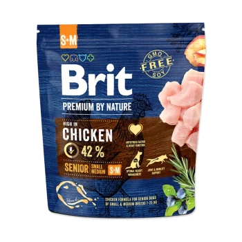 Packung Brit Premium Hundefutter für ältere kleine/mittlere Rassen, reich an Huhn (42%), mit einem Hühnergrafik und Nährwertangaben.