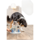 Schwarz-weißer Hund, der mit einem Leckerli-ausgebenden Puzzle-Spielzeug auf einem Holzboden im Innenraum interagiert.