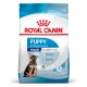 Sac de nourriture pour chiots Royal Canin pour chiens de 2 à 15 mois, présentant un chiot berger allemand et des affirmations sur le développement immunitaire et cérébral.