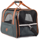 Graue Haustiertragetasche mit braunen Lederakzenten, mit Mesh-Panels für Belüftung, einer Fronttasche und einem abnehmbaren Schultergurt.