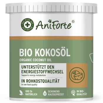 Behälter mit AniForte Bio-Kokosöl, beschriftet mit "BIO KOKOSÖL", mit dem Hinweis, dass es den Energiestoffwechsel unterstützt und in Rohkostqualität ist.