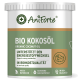 Behälter mit AniForte Bio-Kokosöl, beschriftet mit "BIO KOKOSÖL", mit dem Hinweis, dass es den Energiestoffwechsel unterstützt und in Rohkostqualität ist.