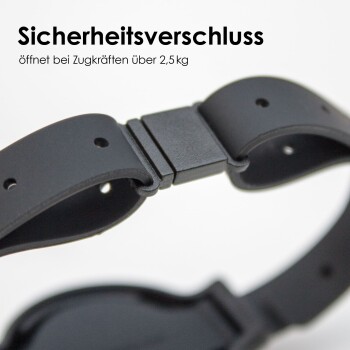Schwarzer Sicherheitsverschluss für Haustierhalsbänder, beschriftet mit 'Sicherheitsverschluss' und einem Hinweis, dass er bei Zugkräften über 2,5 kg öffnet.