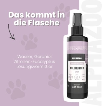 Flasche ALPHAZOO Force Milbhunter Flohschutzspray für Hunde und Katzen, das mit sofortiger Wirkung und ausgewählten Inhaltsstoffen wirbt.