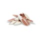 A pile of dog chew treats shaped like hollow bones, featuring a white exterior and a reddish-brown filling.