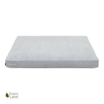 Grau Haustierbett mit einer strukturierten Oberfläche, beschriftet mit "Doctor Bark" an der Seite, mit einem "Green Label"-Logo in der Ecke.