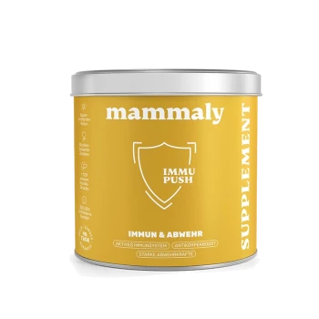 Gelbe Dose mit Aufschrift 'mammaly' und Schild-Logo 'IMMU PUSH', Text 'IMMUN & ABWEHR' und vertikal 'SUPPLEMENT'.