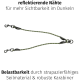 Reflektierende Haustierleine mit stabilen Clips, mit Text über Sichtbarkeit im Dunkeln und Haltbarkeit der Materialien.