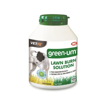 Bottle of VETIQ Green-Um Lawn Burn Solution, containing 100 tablets, designed to prevent yellow spots on lawns caused by dogs.