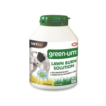 Bottle of VETIQ Green-Um Lawn Burn Solution, containing 100 tablets, designed to prevent yellow spots on lawns caused by dogs.