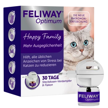 Boîte FELIWAY Optimum et diffuseur à brancher avec photo d'un chat aux yeux bleus ; texte visible : « Happy Family », « Plus d'équilibre », « 30 JOURS »