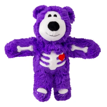 Purple plush bear pet toy with white snout, skeleton bone appliques and red heart on chest