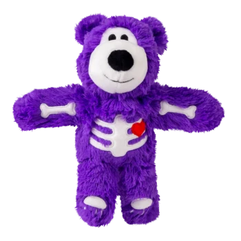 Purple plush bear pet toy with white snout, skeleton bone appliques and red heart on chest