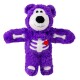 Purple plush bear pet toy with white snout, skeleton bone appliques and red heart on chest