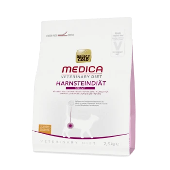 Select Gold Medica Veterinary Diet Harnsteindiät Struvit dog food bag, 2.5 kg, with text on urinary stone diet and ingredients.
