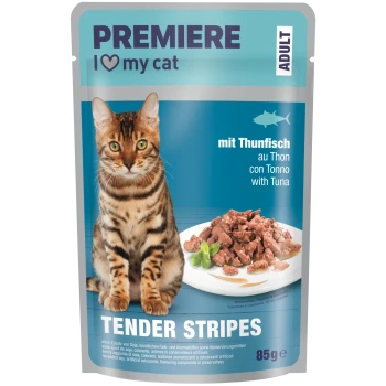 PREMIERE Katzenfutterbeutel: getigerte Katze und Teller mit Thunfisch; Text „I ♥ my cat“, „mit Thunfisch“, „TENDER STRIPES“, 85 g.