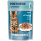 PREMIERE Katzenfutterbeutel: getigerte Katze und Teller mit Thunfisch; Text „I ♥ my cat“, „mit Thunfisch“, „TENDER STRIPES“, 85 g.