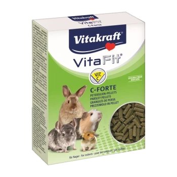 Vitakraft VitaFit C-Forte Petersilienpellets für Nagetiere, mit einem Bild von einem Kaninchen, Meerschweinchen und zwei anderen kleinen Tieren auf der Verpackung.