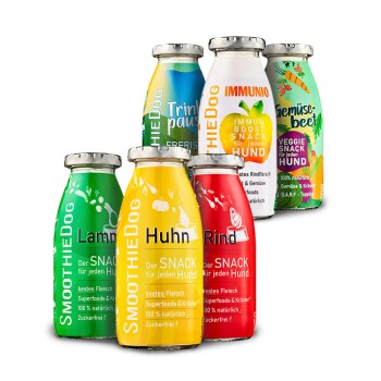 Sechs bunte SmoothieDog-Glasflaschen mit Snack-Toppings für Hunde, beschriftet mit 'Huhn', 'Rind', 'Lamm', 'Immunio', 'Gemüsebeet'