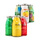 Sechs bunte SmoothieDog-Glasflaschen mit Snack-Toppings für Hunde, beschriftet mit 'Huhn', 'Rind', 'Lamm', 'Immunio', 'Gemüsebeet'