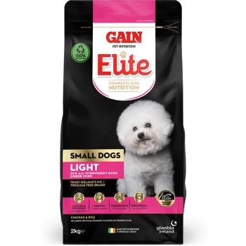 Elite Small Dogs Light 2 kg Gain Elite Complete Dog Nutrition for small dogs, 2kg bag featuring a fluffy white dog on the front, labeled "Light" for overweight dogs under 20kg.