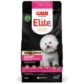 Gain Elite Complete Dog Nutrition for small dogs, 2kg bag featuring a fluffy white dog on the front, labeled "Light" for overweight dogs under 20kg.