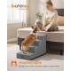 Corgi, der eine graue Haustiertreppe zum Bett hinaufsteigt, während eine Frau lächelt; sichtbarer Text 'feandrea' und 'Haustiertreppe'