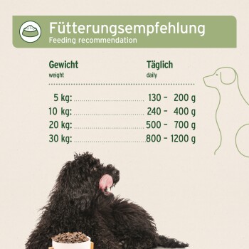 Ein schwarzer Hund sitzt neben einer Futterschüssel, mit einem Diagramm, das die täglichen Fütterungsempfehlungen basierend auf dem Gewicht auf Deutsch und Englisch zeigt.